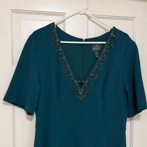 Adrianna Papell Teal V-Neck Beaded Dress